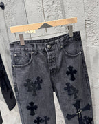 Chrome Hearts Black Metal Leather Patch Cross Denim Jeans KH24