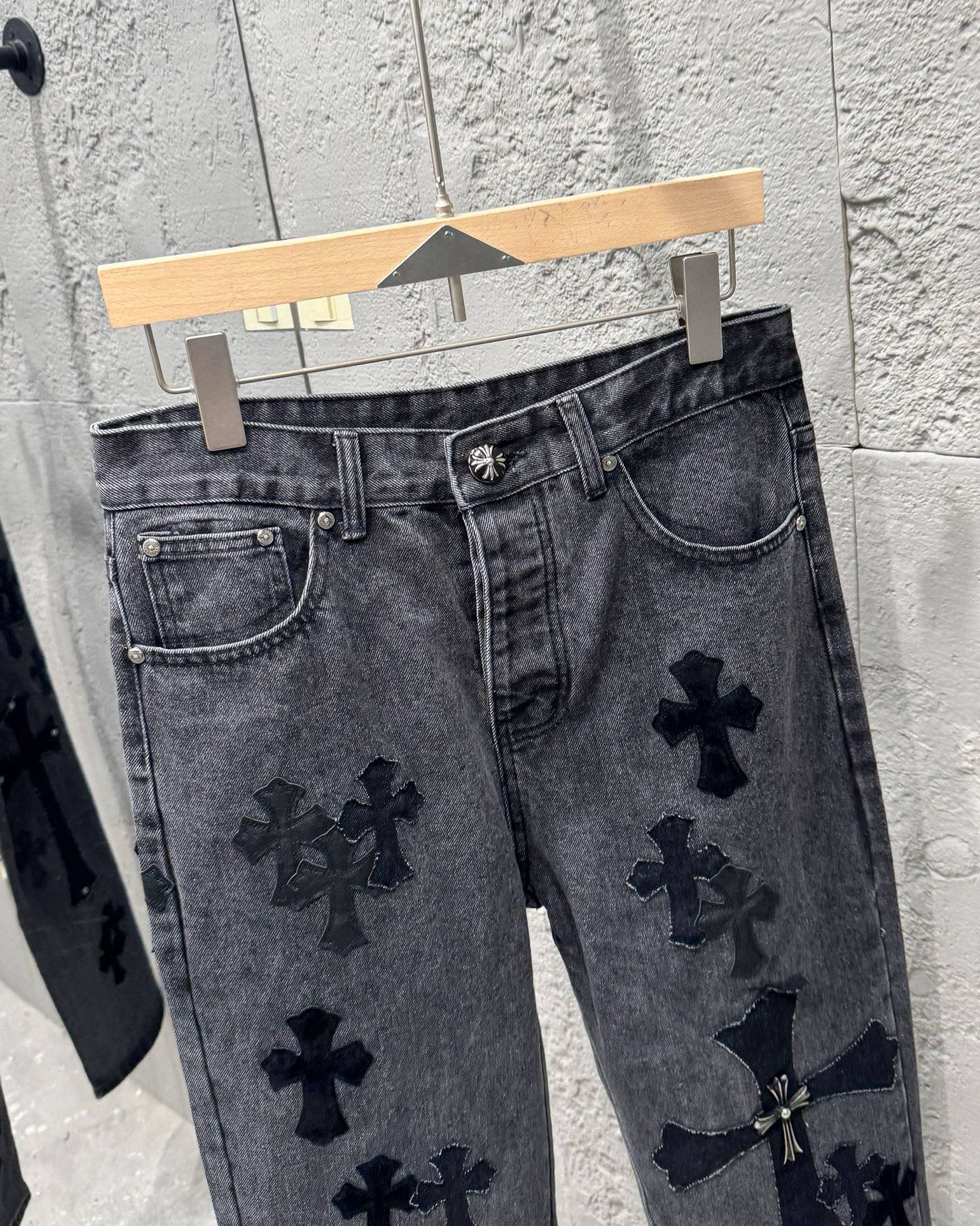 Chrome Hearts Black Metal Leather Patch Cross Denim Jeans