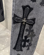 Chrome Hearts Black Metal Leather Patch Cross Denim Jeans KH24