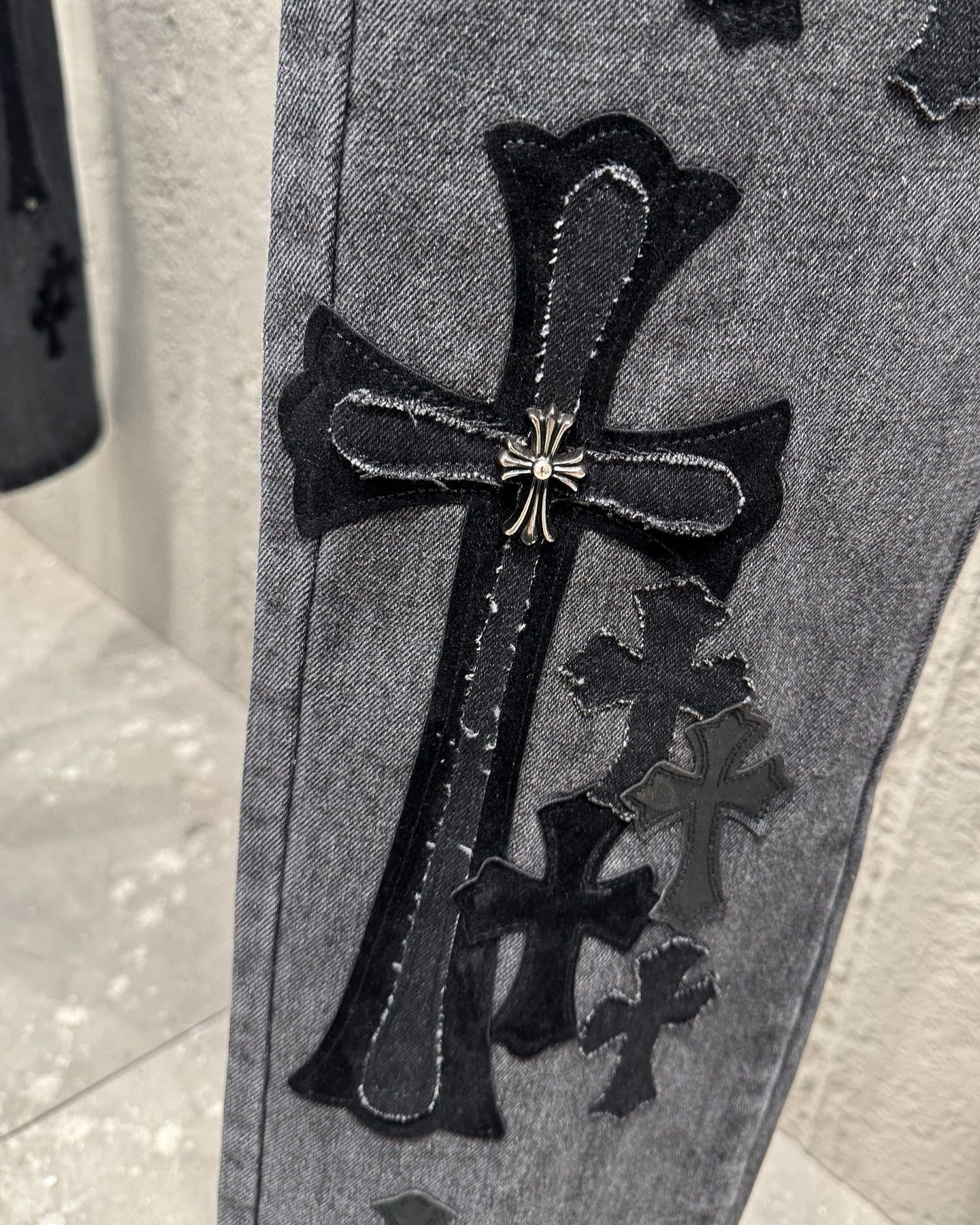 Chrome Hearts Black Metal Leather Patch Cross Denim Jeans