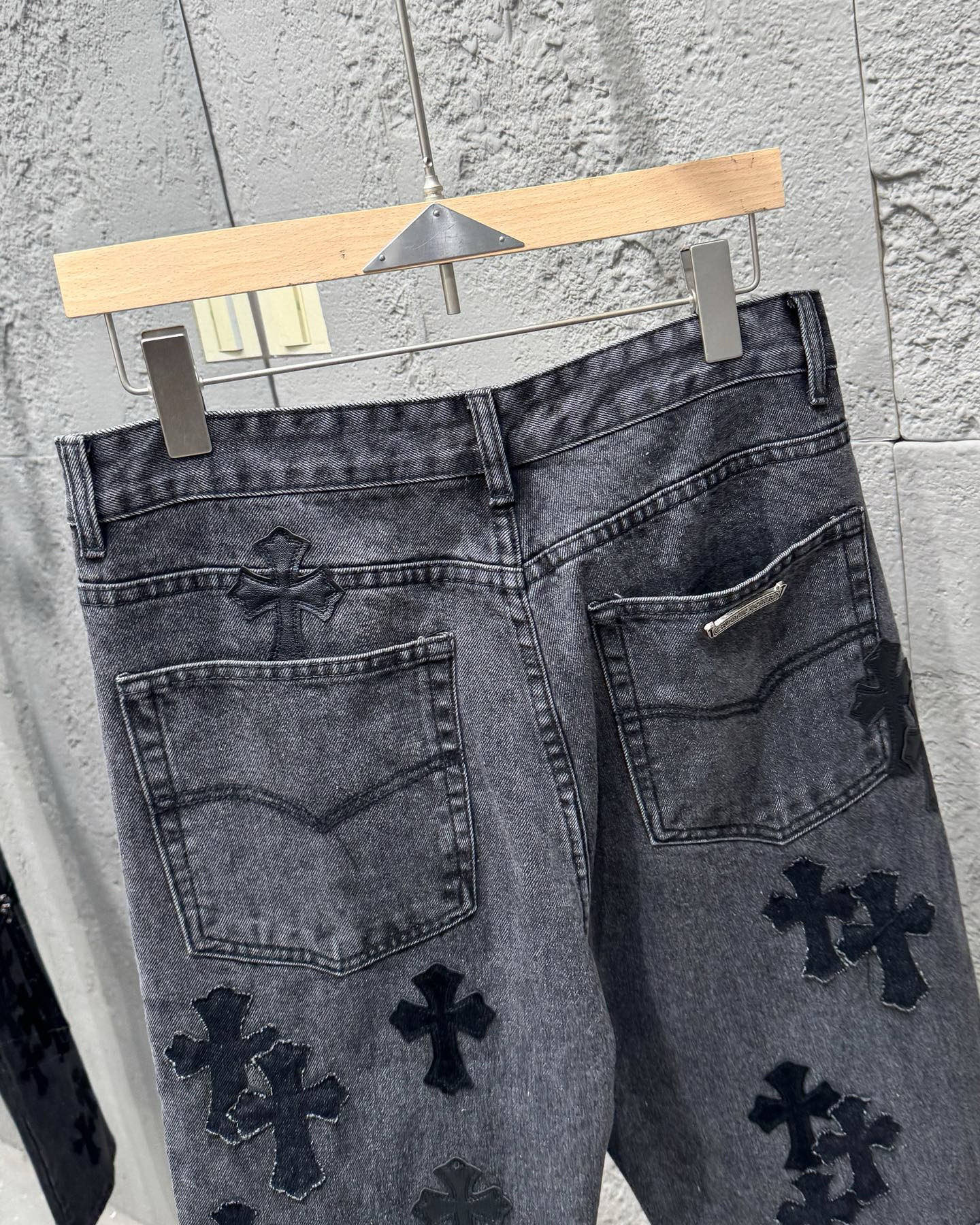 Chrome Hearts Black Metal Leather Patch Cross Denim Jeans