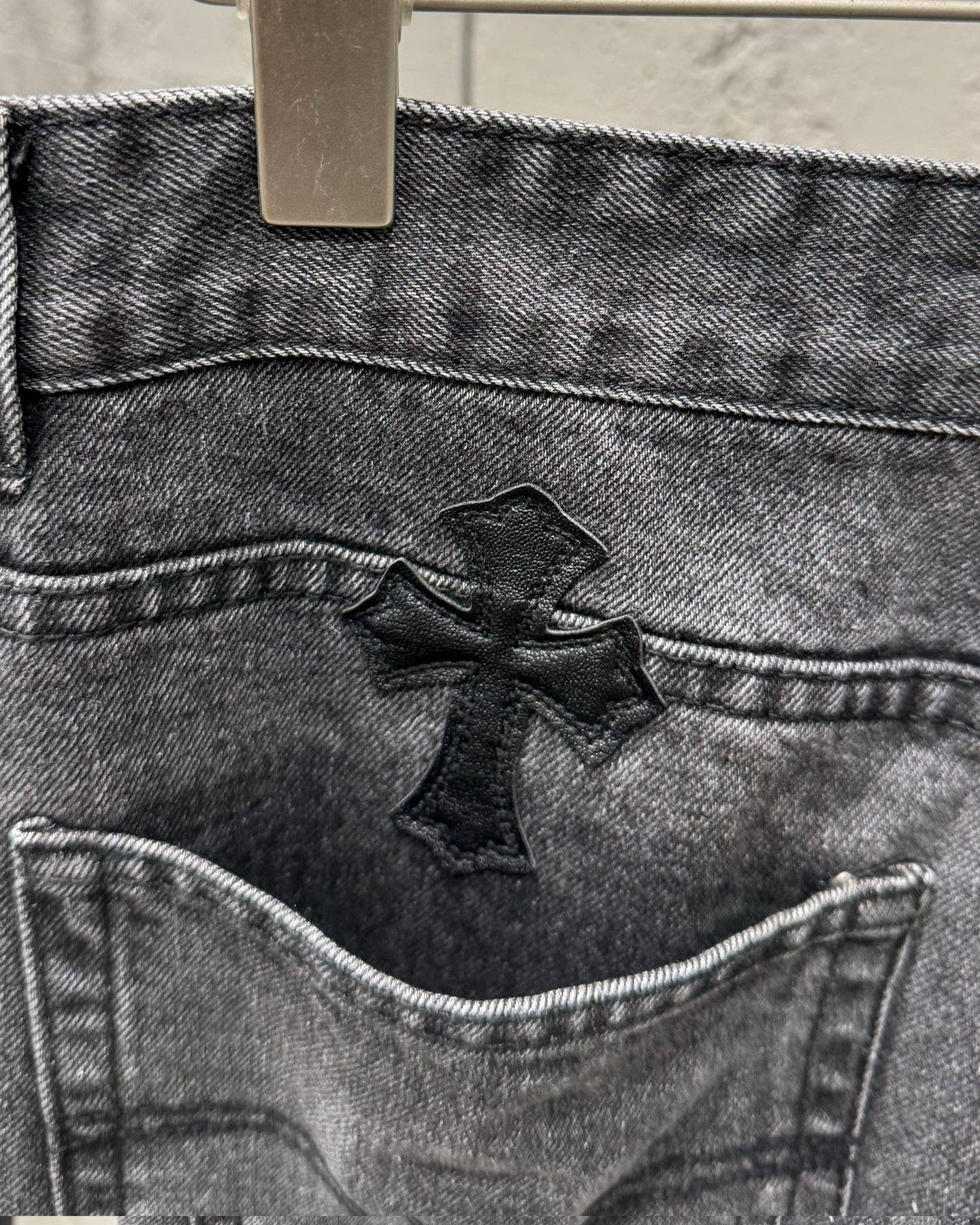 Chrome Hearts Black Metal Leather Patch Cross Denim Jeans
