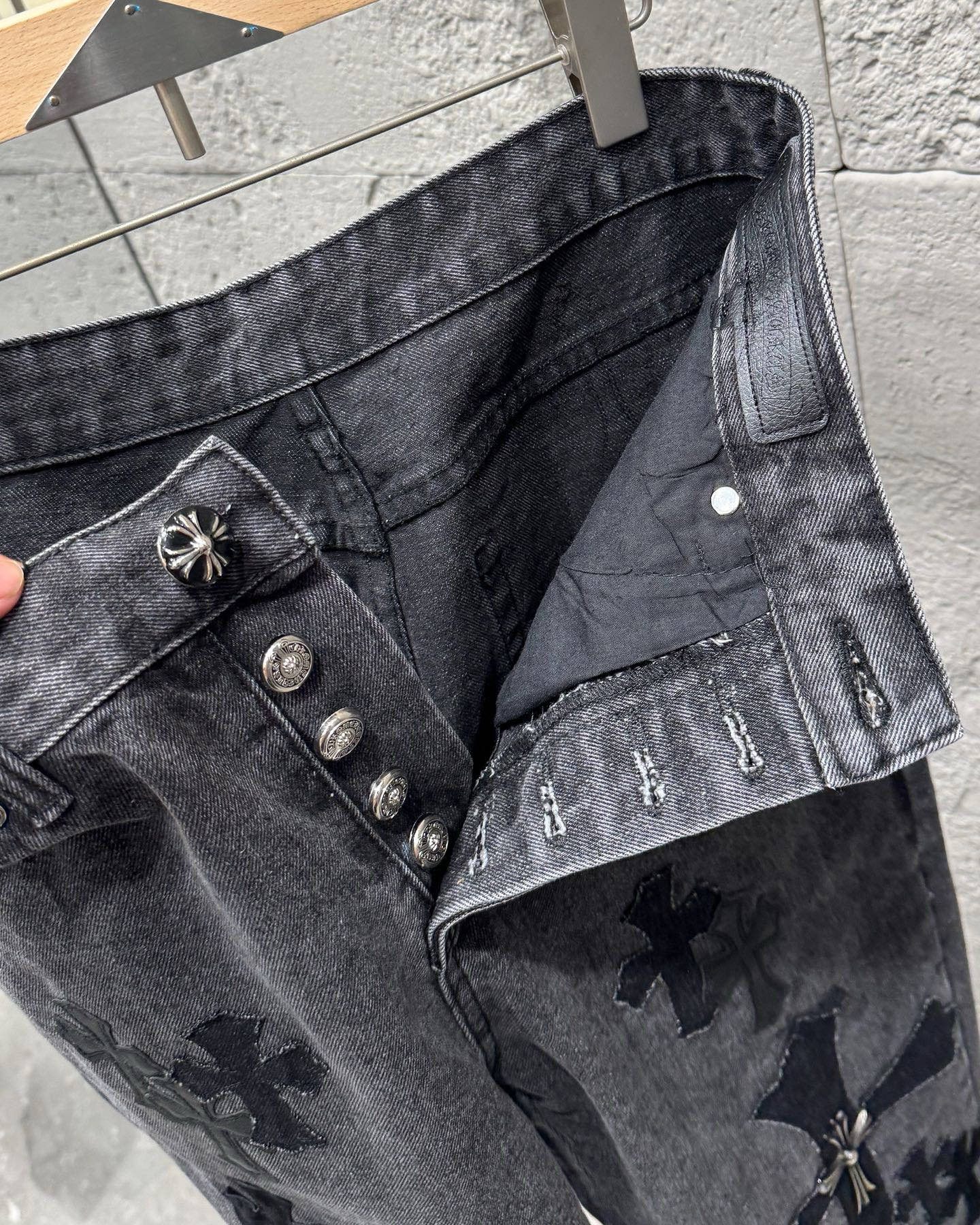 Chrome Hearts Black Metal Leather Patch Cross Denim Jeans