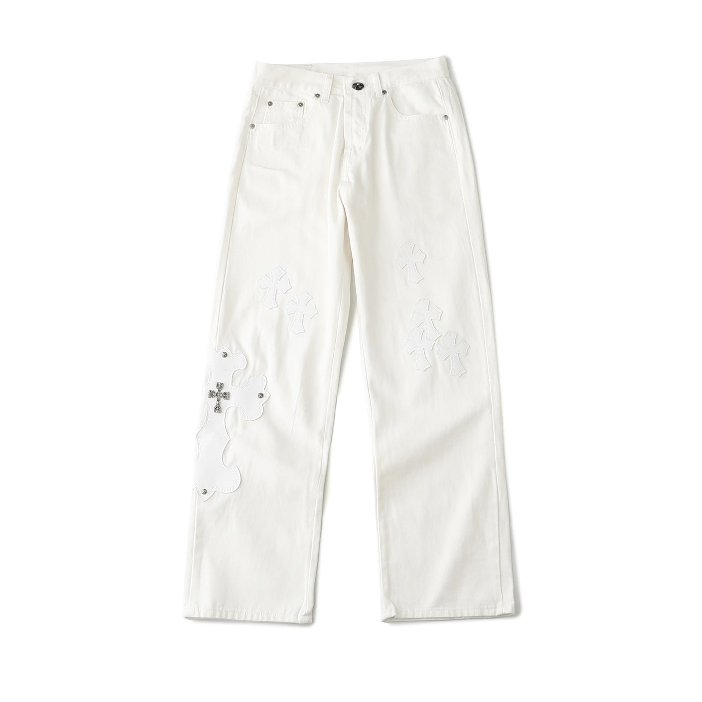 Chrome Hearts Cross Leather Patch White Denim Jeans