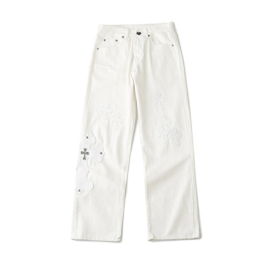 Chrome Hearts Cross Leather Patch White Denim Jeans