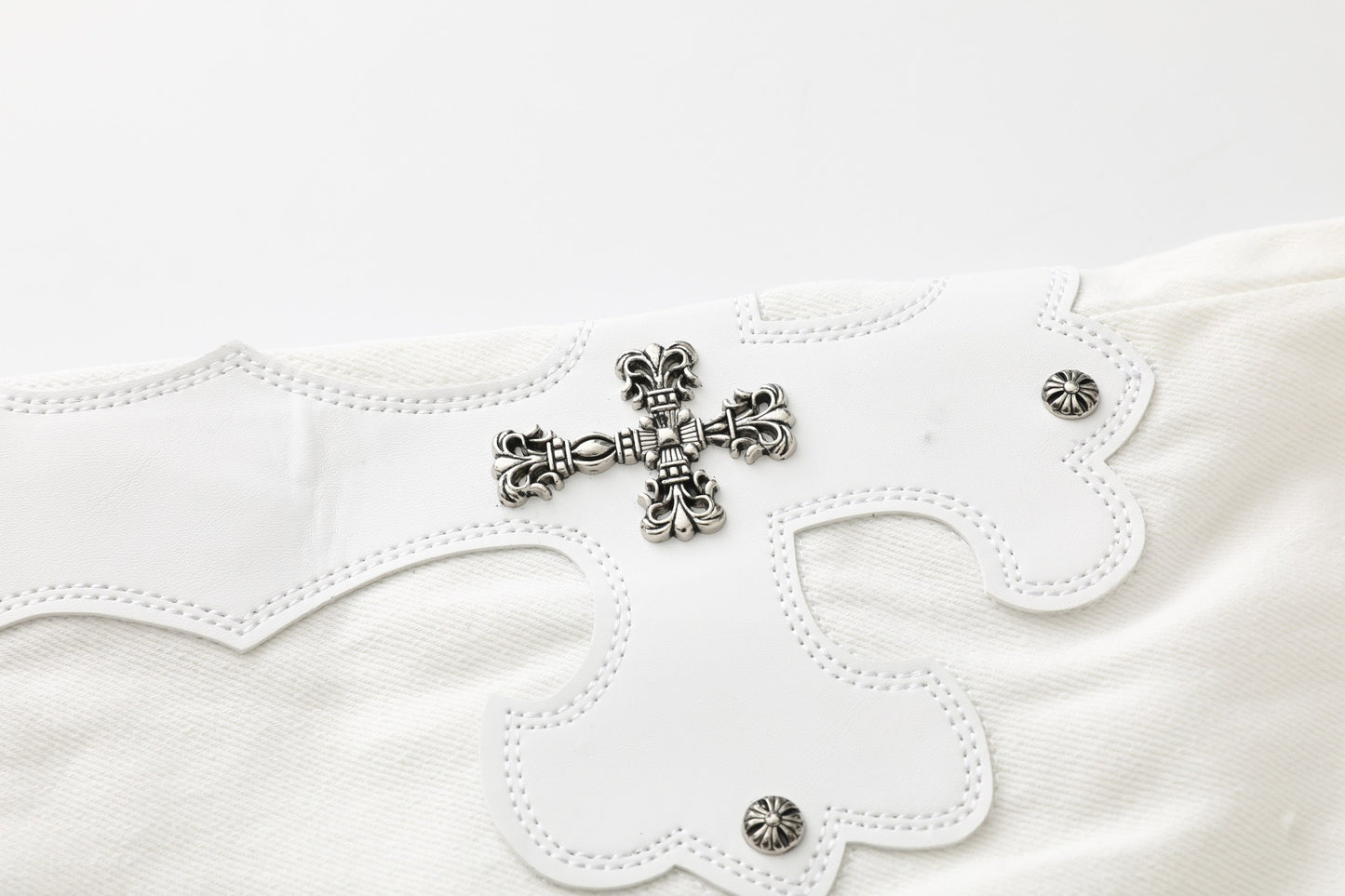Chrome Hearts Cross Leather Patch White Denim Jeans