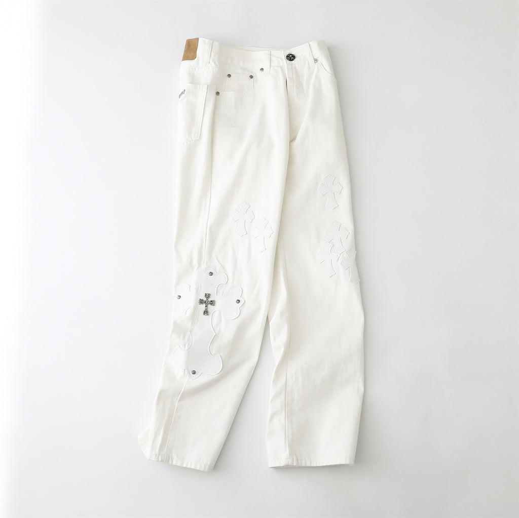 Chrome Hearts Cross Leather Patch White Denim Jeans KB21
