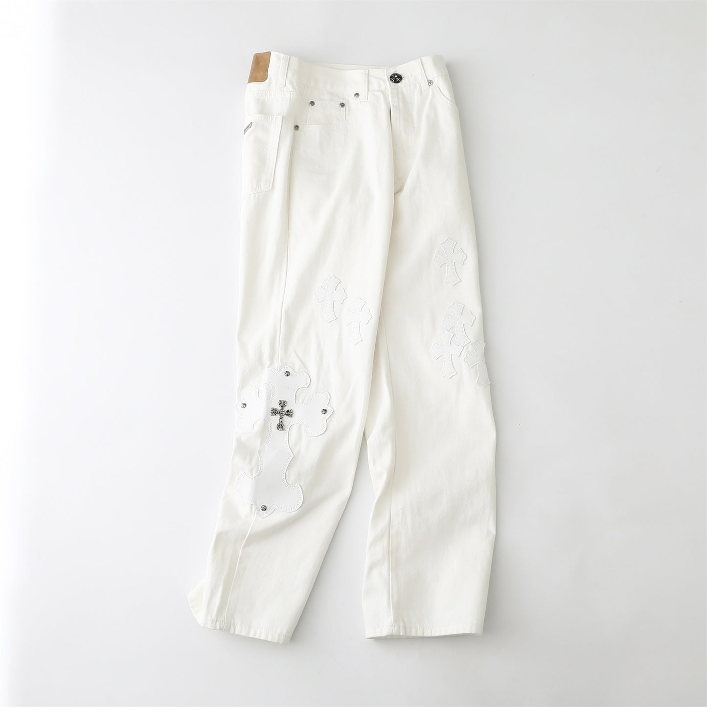Chrome Hearts Cross Leather Patch White Denim Jeans