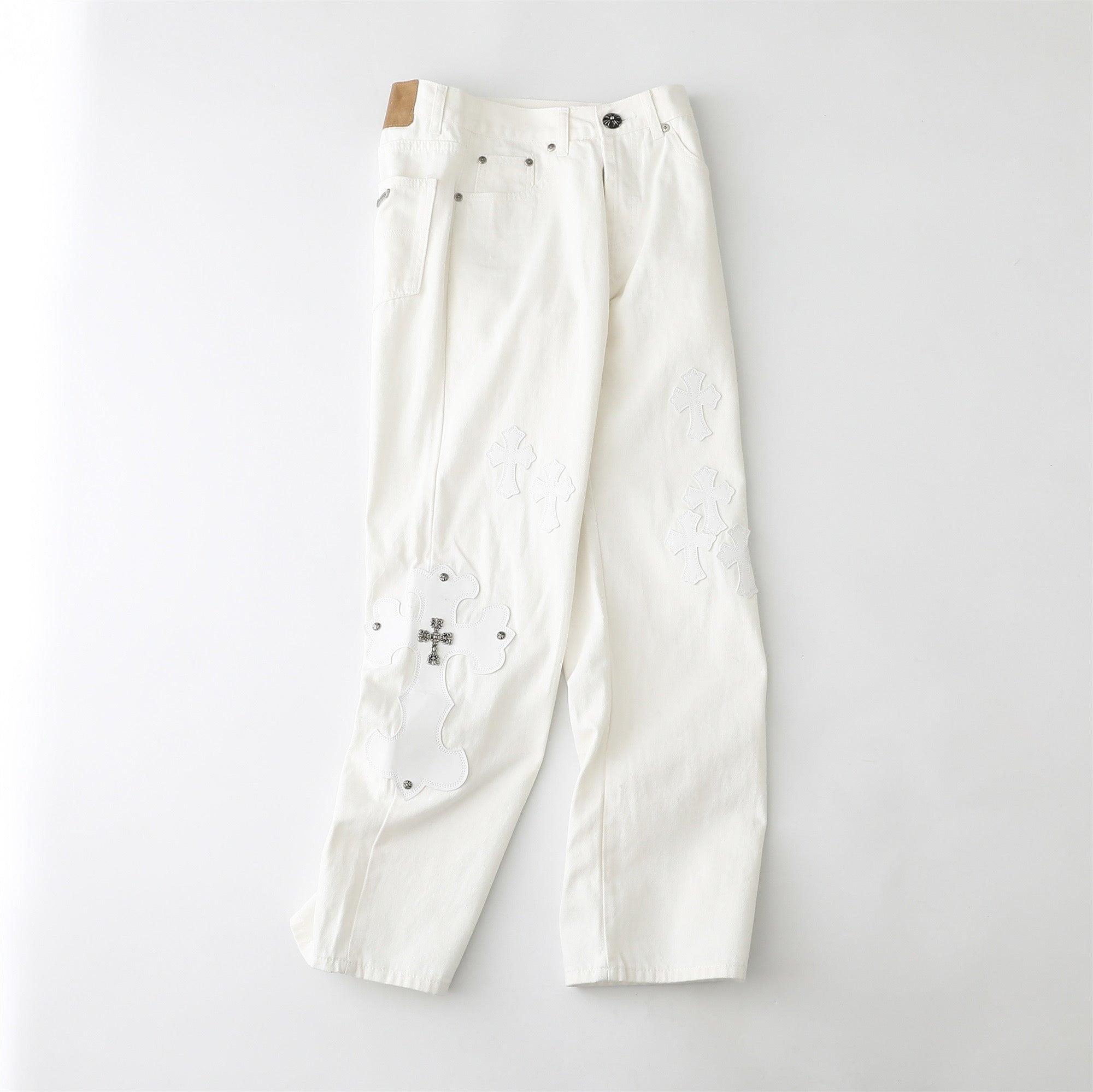 Chrome Hearts Cross Leather Patch White Denim Jeans KB21