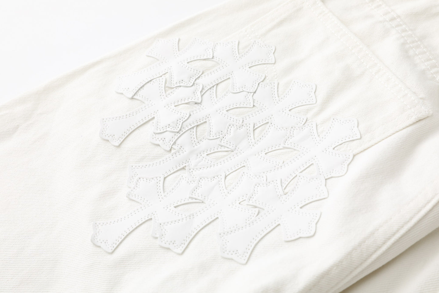 Chrome Hearts Cross Leather Patch White Denim Jeans