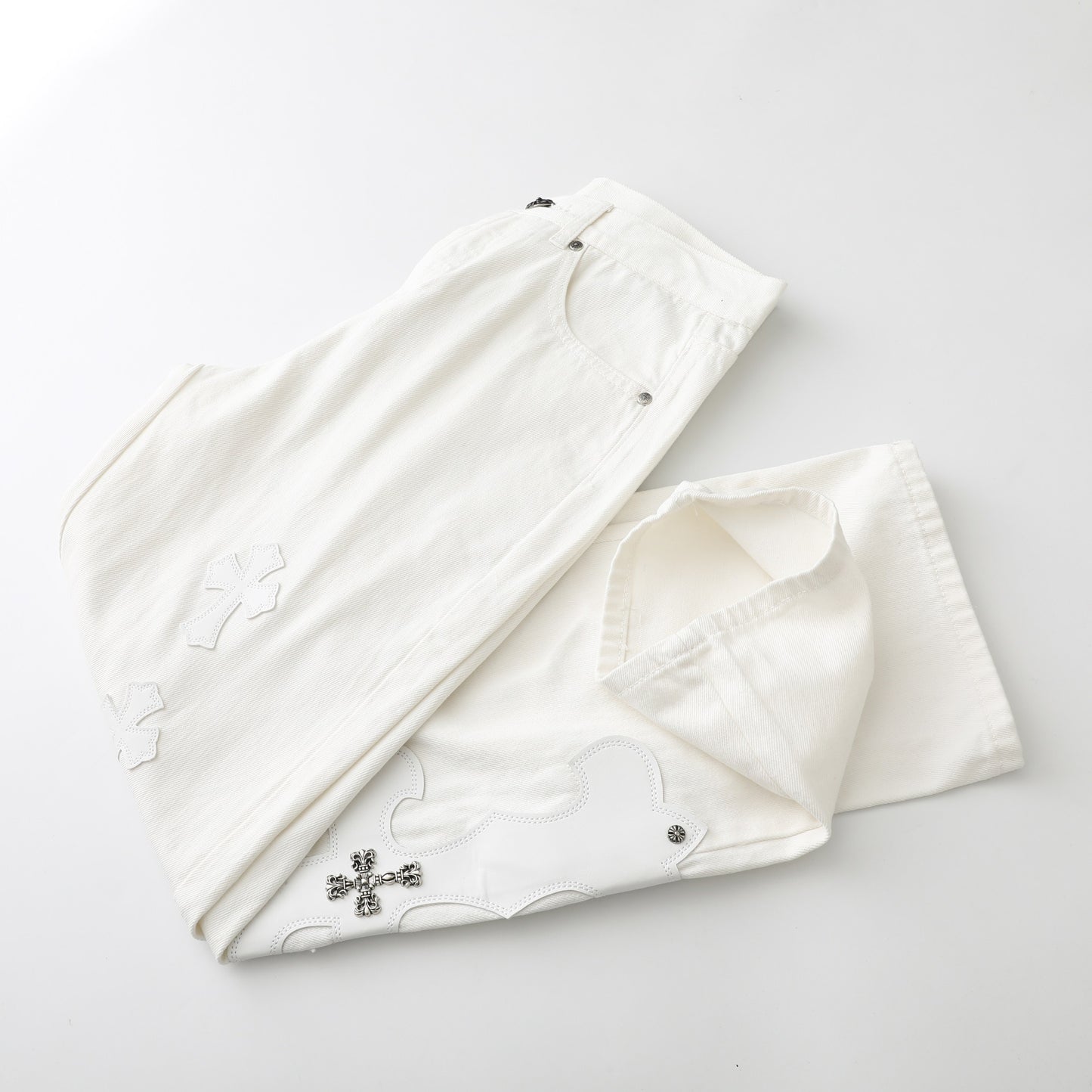 Chrome Hearts Cross Leather Patch White Denim Jeans