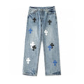 Chrome Hearts Black White Blue Multi Leather Patch Denim Jeans KH16