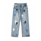 Chrome Hearts Black White Blue Multi Leather Patch Denim Jeans KH16