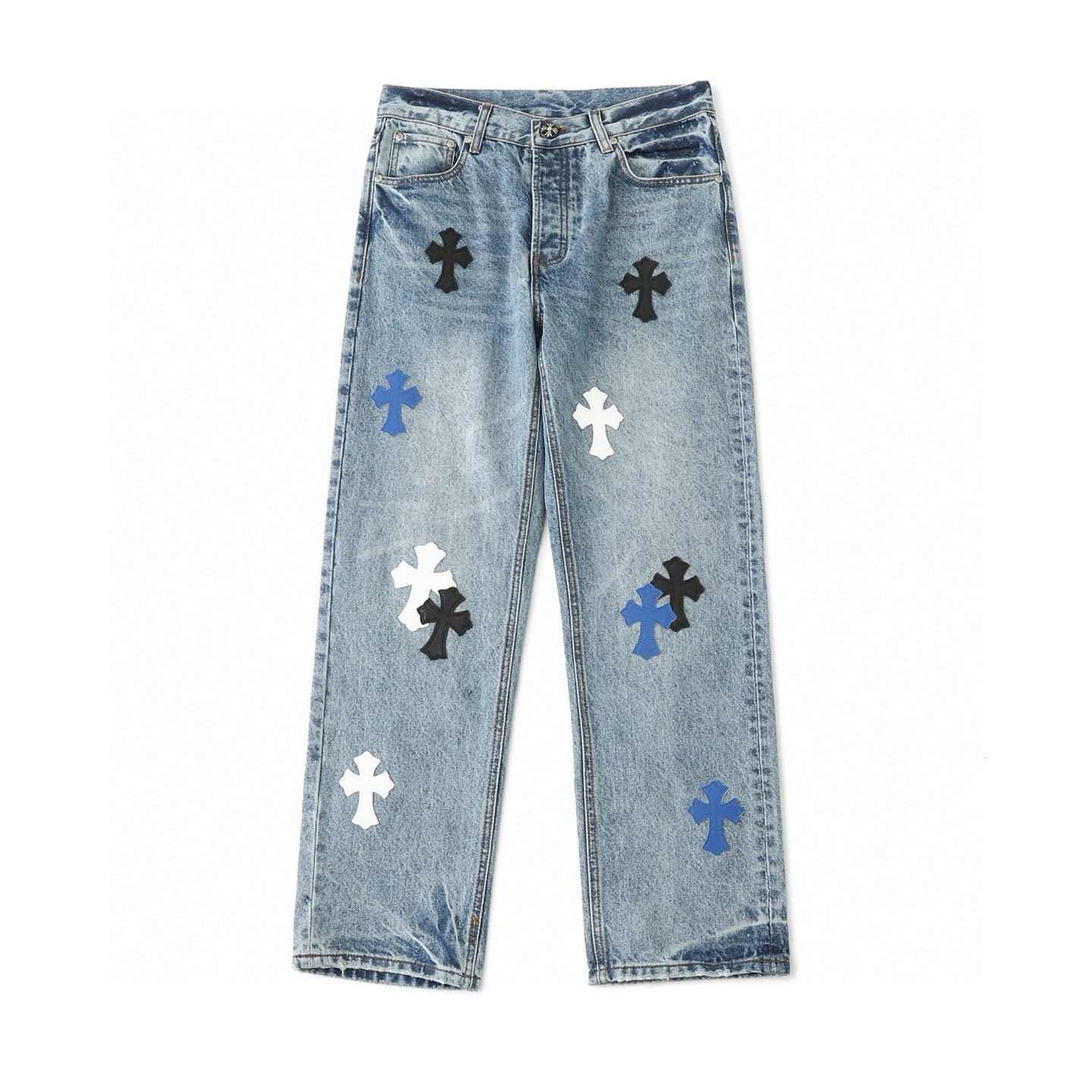 Chrome Hearts Black White Blue Multi Leather Patch Denim Jeans
