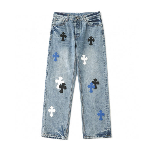 Chrome Hearts Black White Blue Multi Leather Patch Denim Jeans