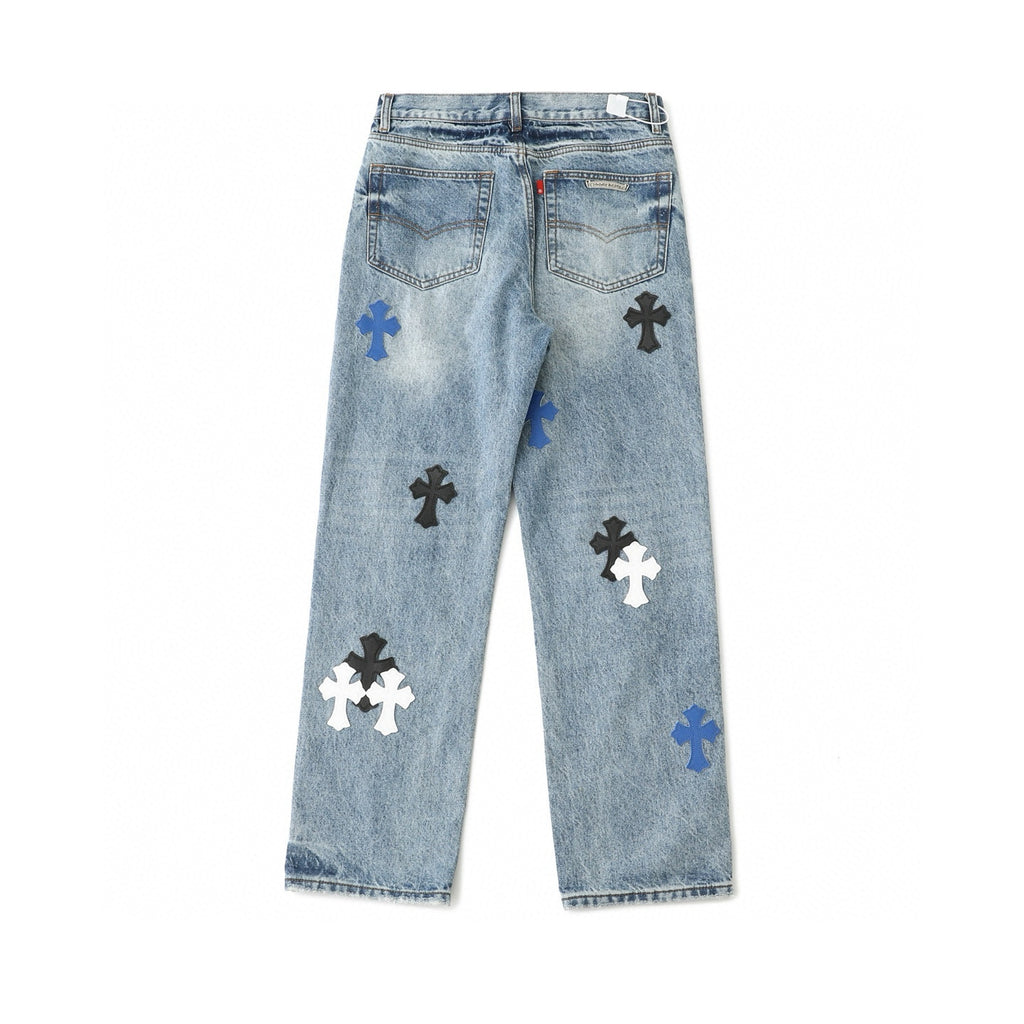 Chrome Hearts Black White Blue Multi Leather Patch Denim Jeans KH16