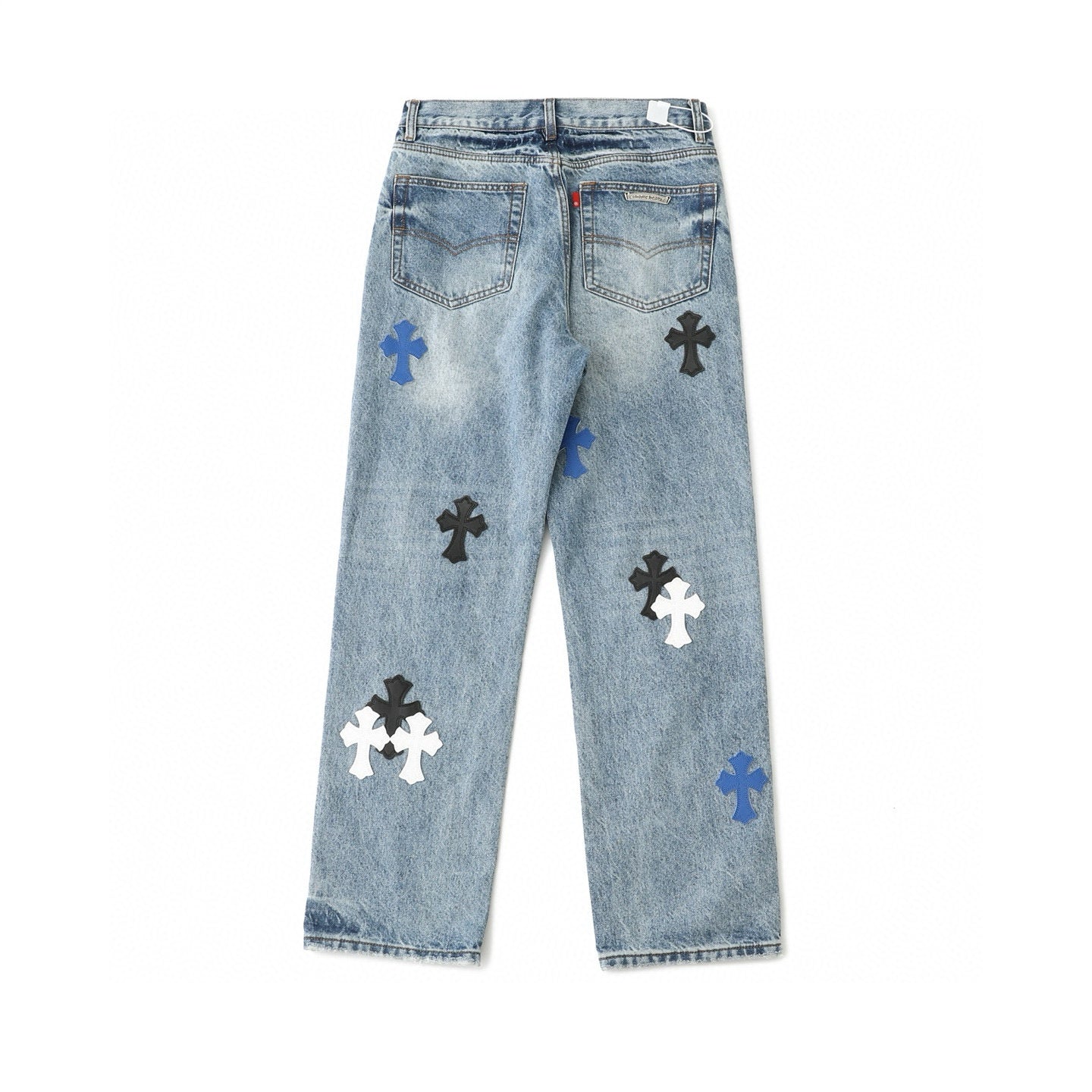 Chrome Hearts Black White Blue Multi Leather Patch Denim Jeans