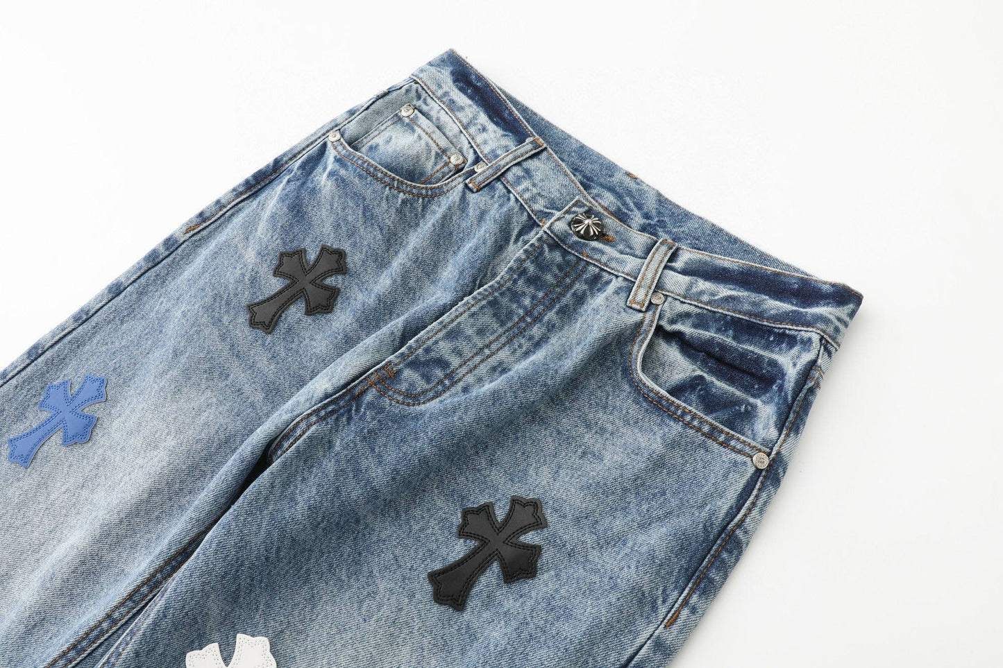 Chrome Hearts Black White Blue Multi Leather Patch Denim Jeans