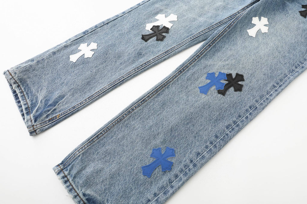 Chrome Hearts Black White Blue Multi Leather Patch Denim Jeans KH16