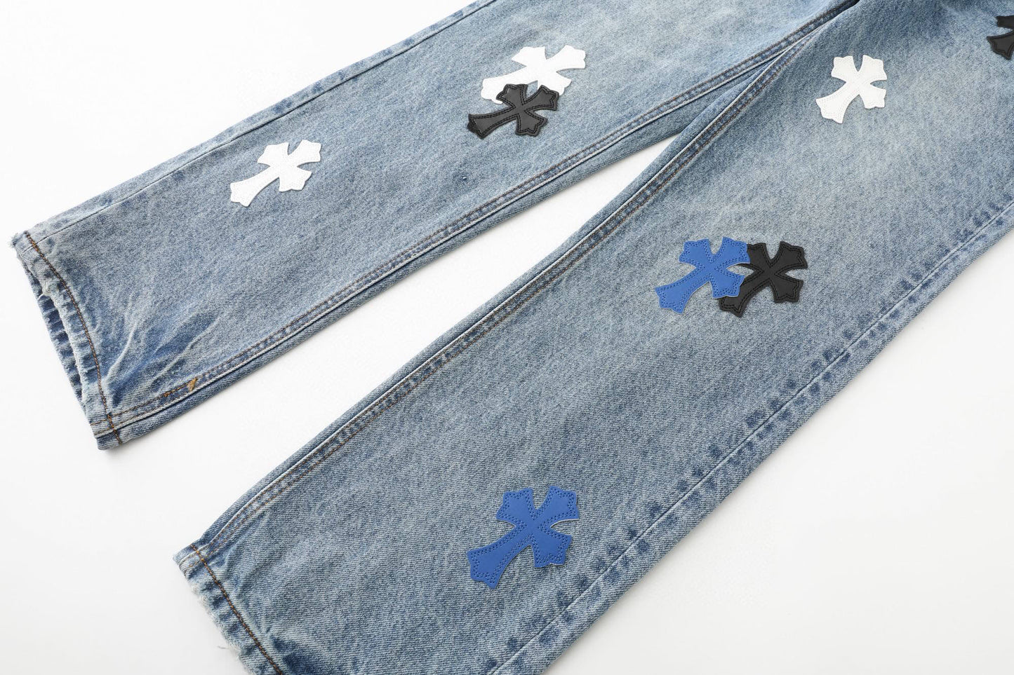 Chrome Hearts Black White Blue Multi Leather Patch Denim Jeans