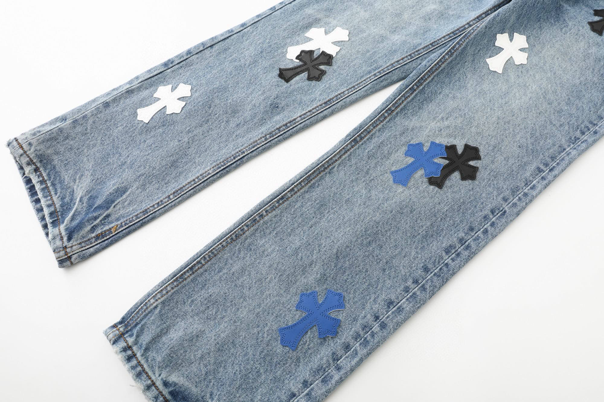 Chrome Hearts Black White Blue Multi Leather Patch Denim Jeans KH16