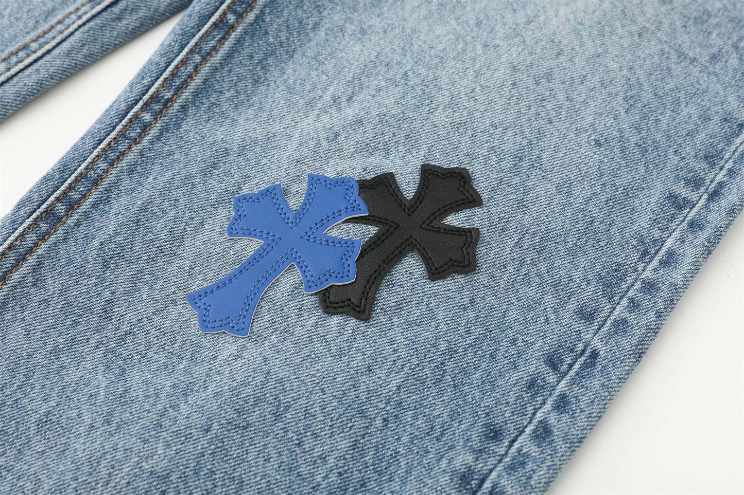 Chrome Hearts Black White Blue Multi Leather Patch Denim Jeans