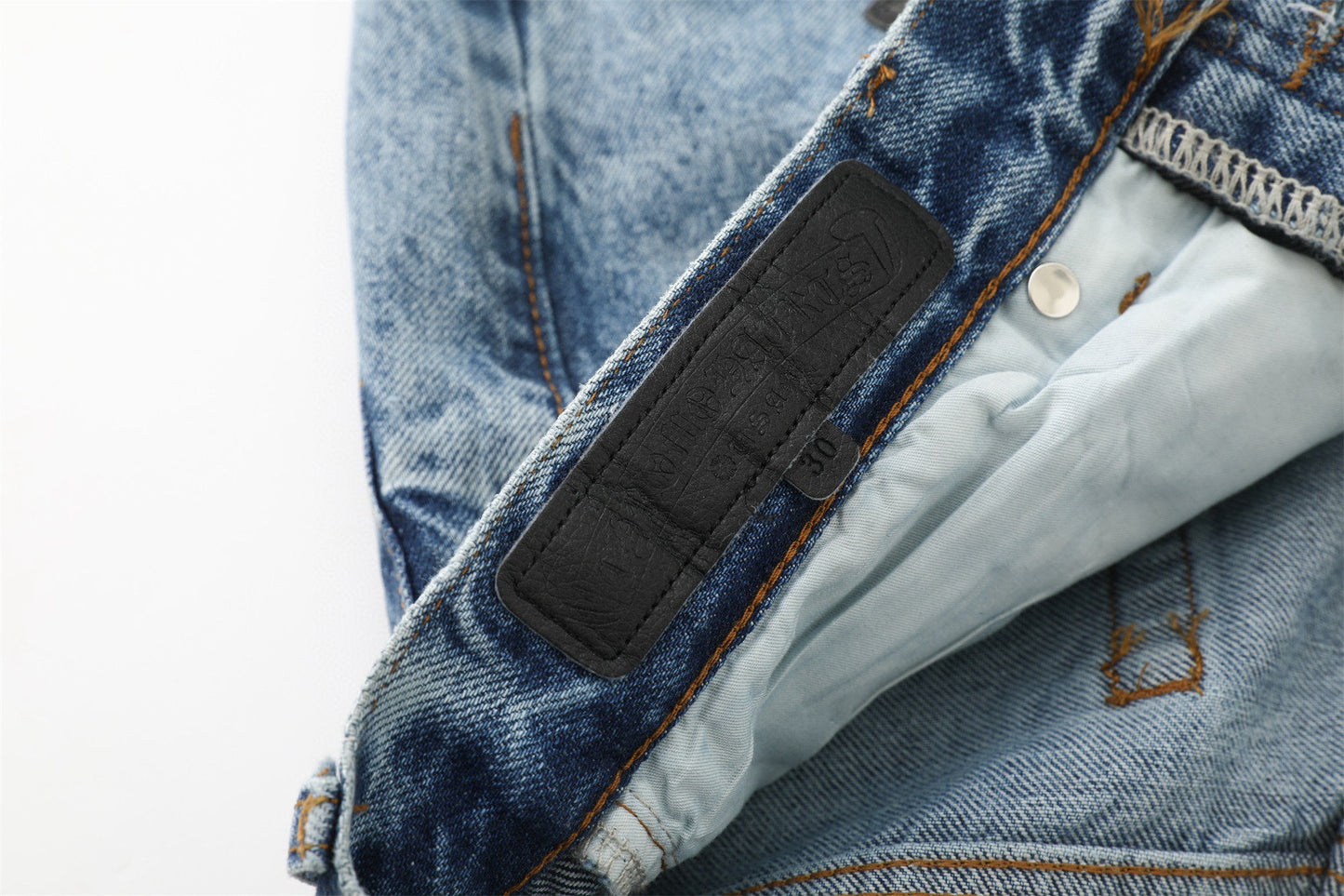 Chrome Hearts Black White Blue Multi Leather Patch Denim Jeans
