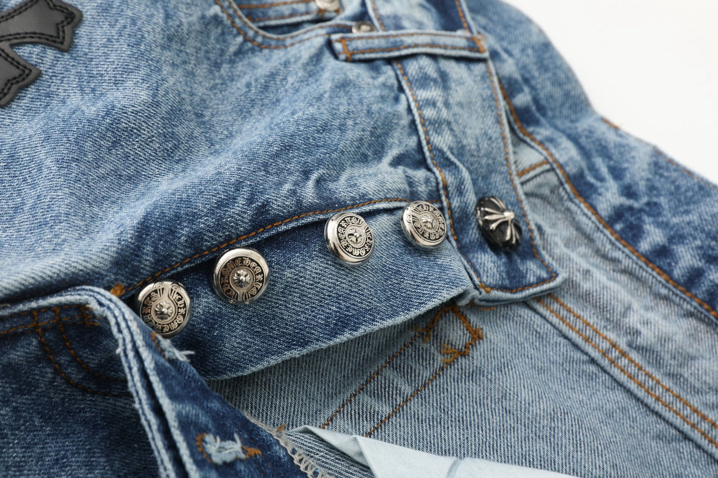 Chrome Hearts Black White Blue Multi Leather Patch Denim Jeans