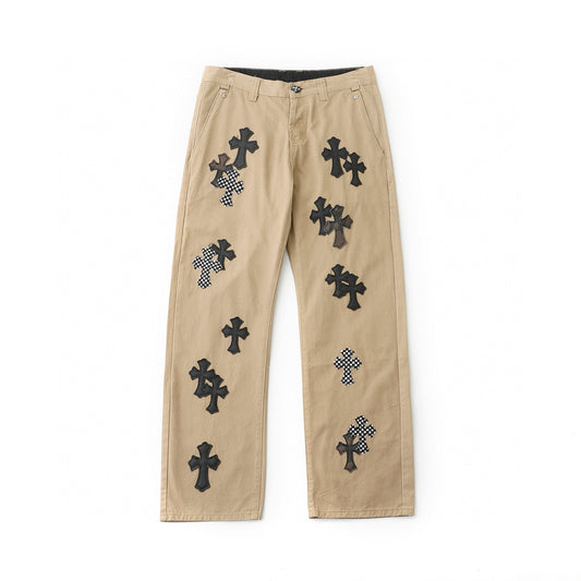 Chrome Hearts Camouflage Checkered Cross Leather Patch Denim Jeans