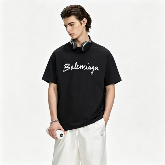 New Black Handwritten Letter Logo Graphic T-Shirt, Crew Neck Short Sleeve Casual Tee