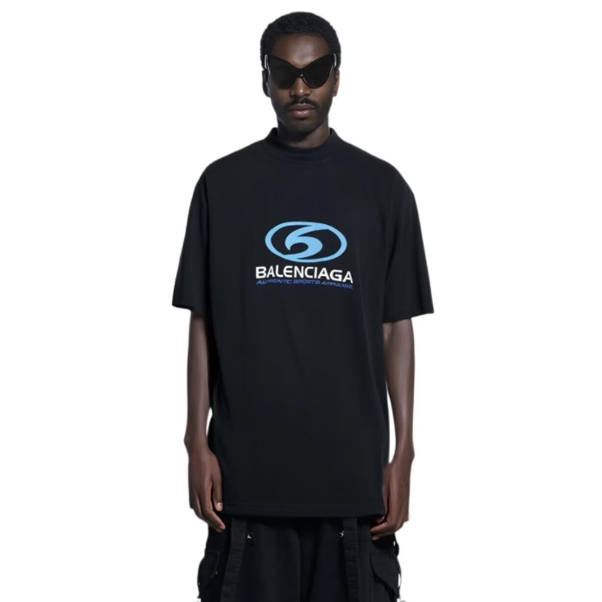 New Blue Label Logo Print T-Shirt, Crew Neck Short Sleeve Streetwear Black Tee