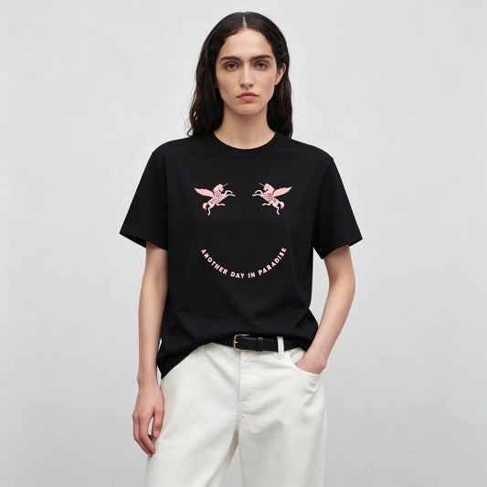 New Neck Pure Cotton T Shirt with Unicorn Graphic and Letter Print Design