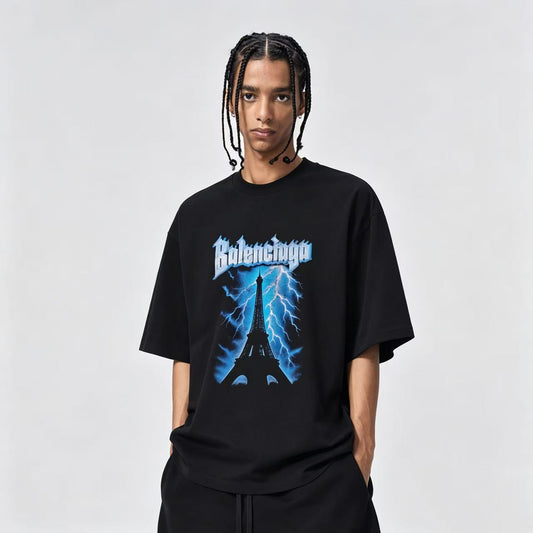 New High Quality Pure Cotton T Shirt with Lightning Graphic Print Design