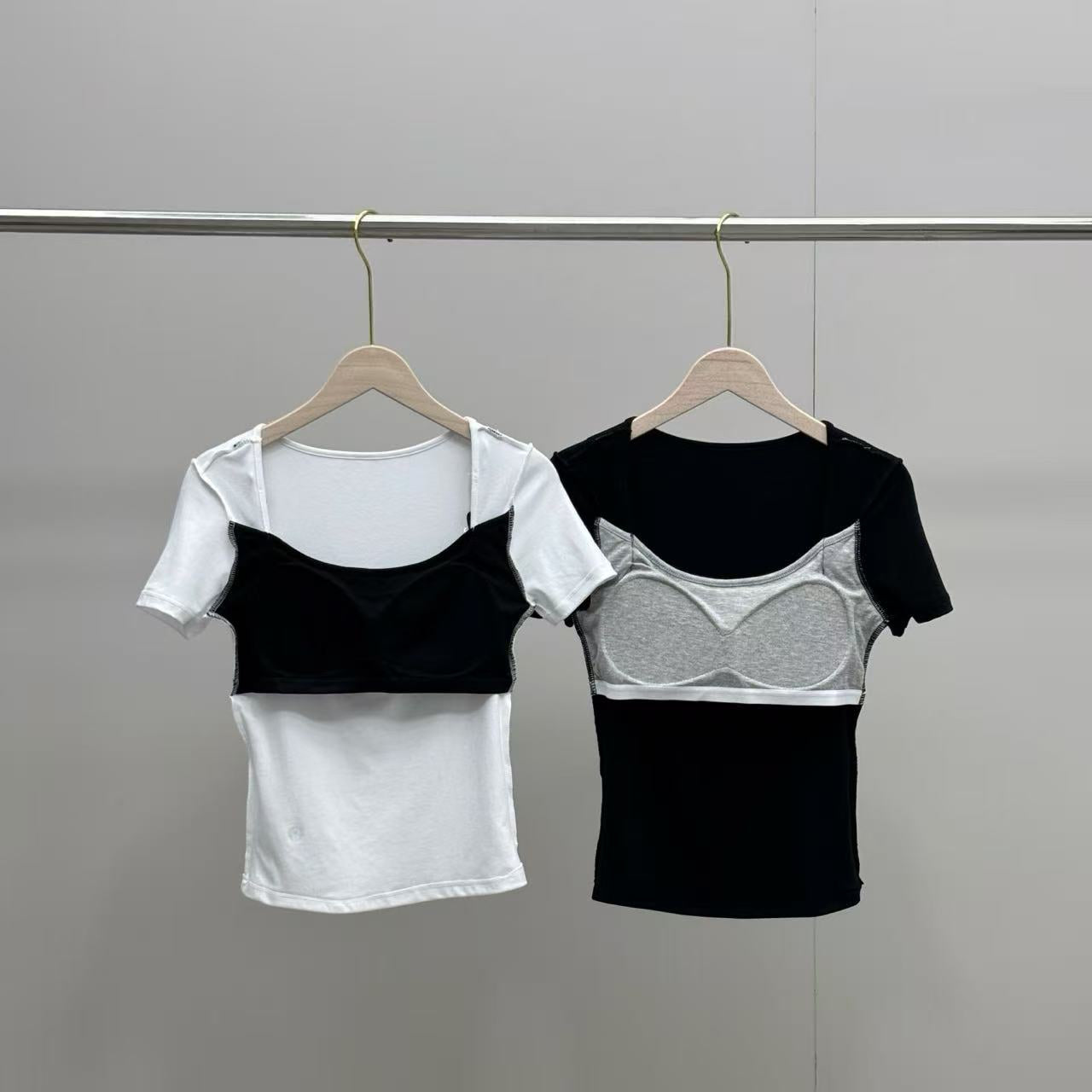 2-Pack New U-Neck Faux Two-Piece Short Sleeve T-Shirt