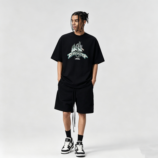 New Crew Neck T Shirt with Logo Lettering and Dragon Graphic Print