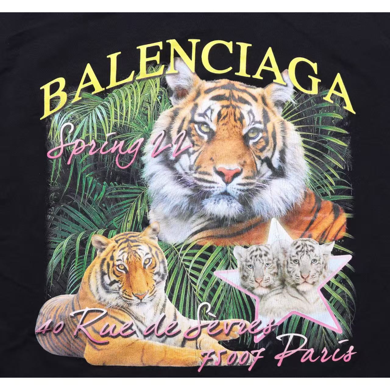New Neck T Shirt with Jungle Tiger Graphic and Letter Cartoon Print