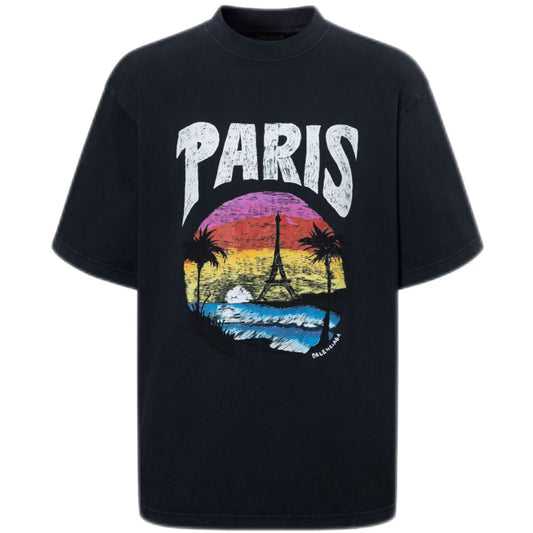 New Crew Neck Pure Cotton T Shirt with Architectural Letter Graphic Print
