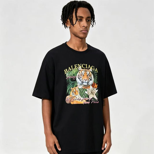 New Neck T Shirt with Jungle Tiger Graphic and Letter Cartoon Print