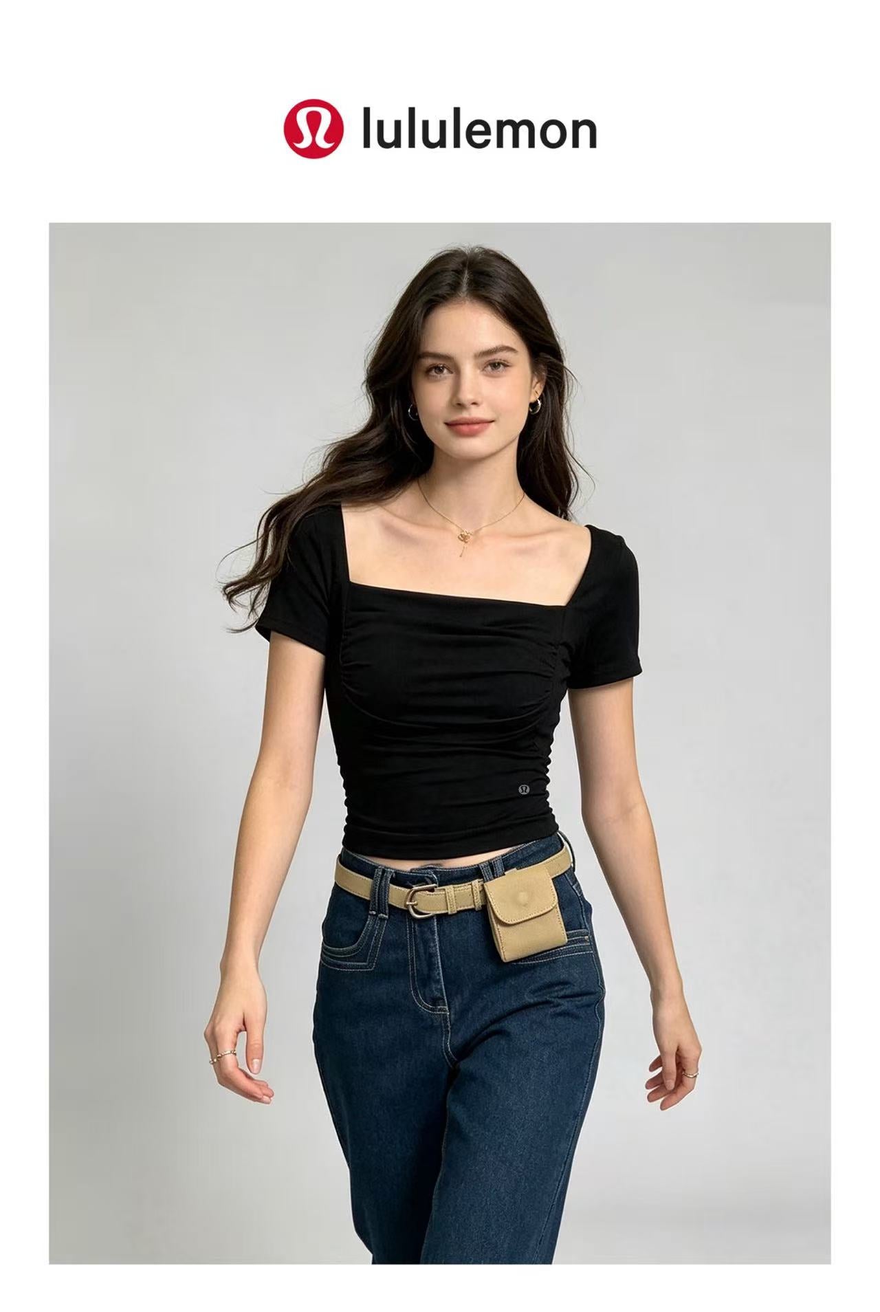 2-pack 2026 New Square Neck Ruched Short Sleeve Top