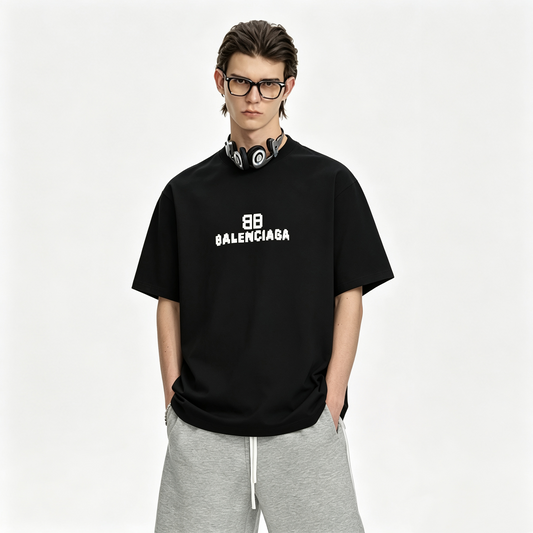 New Mosaic Blur Logo Letter Graphic T-Shirt, Crew Neck Short Sleeve Casual Tee