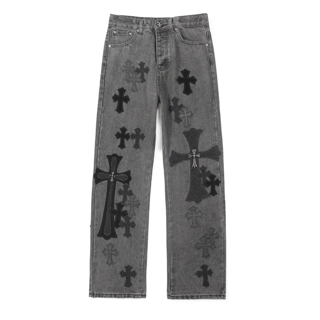 Chrome Hearts Black Metal Leather Patch Cross Denim Jeans KH24