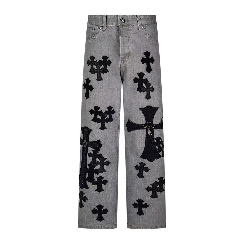 Chrome Hearts Paris Limited Edition Grey Heavy Leather Patch Denim Jeans KH25