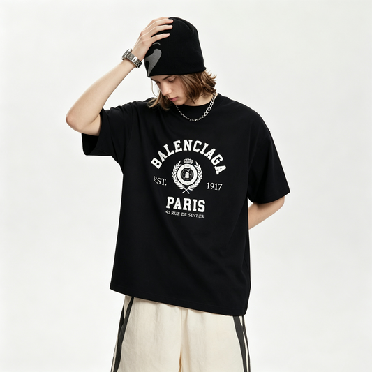 New Unisex Gray Washed 1917 Letter Logo Graphic T-Shirt, Vintage Distressed Cracked Print Loose Fit Short Sleeve Tee