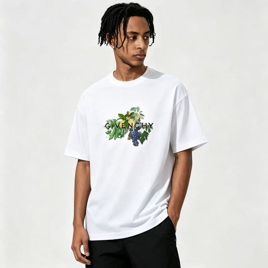 New Relaxed Loose-Fit Straight Crew Neck T Shirt with Plant and Fruit Print