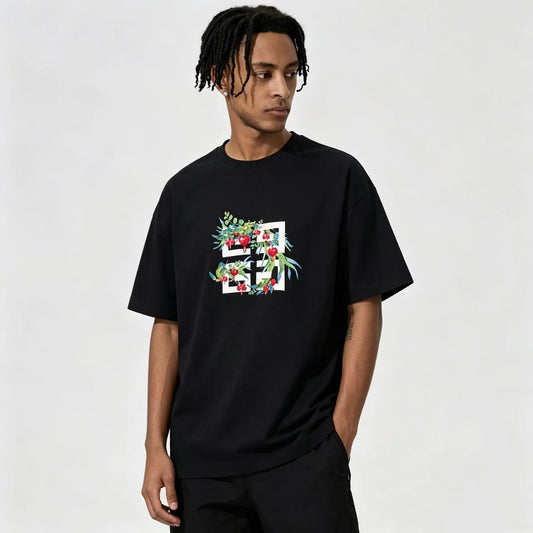 New Neck Pure Cotton T Shirt with Logo Botanical Graphic Print Design