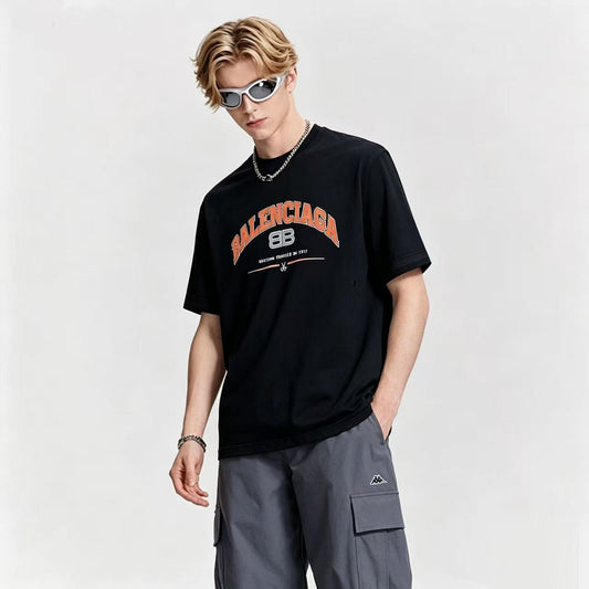 New Black Vintage Washed Logo Graphic T-Shirt, Distressed Crack Print Ripped Crew Neck Short Sleeve Tee