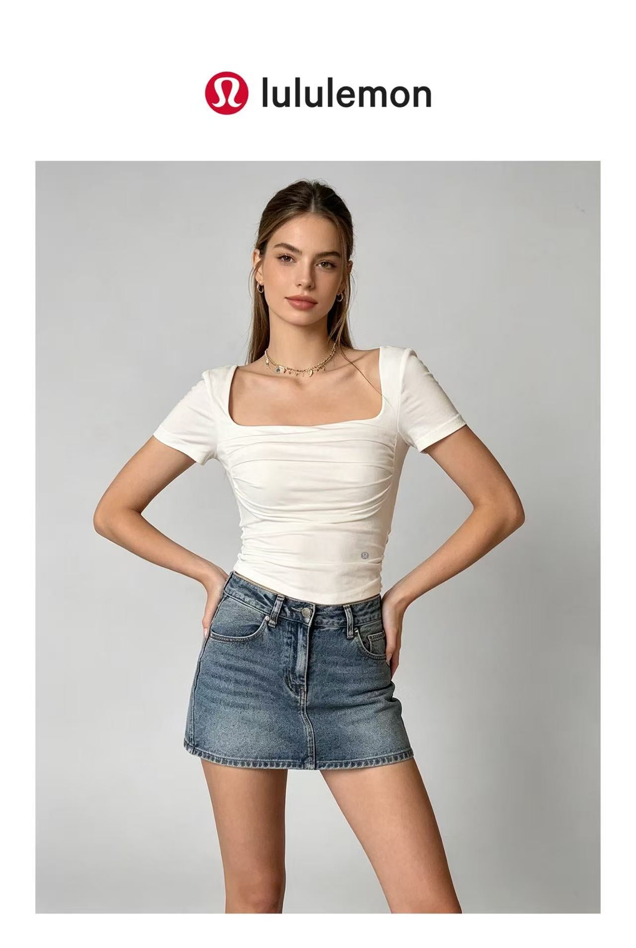 2-pack 2026 New Square Neck Ruched Short Sleeve Top