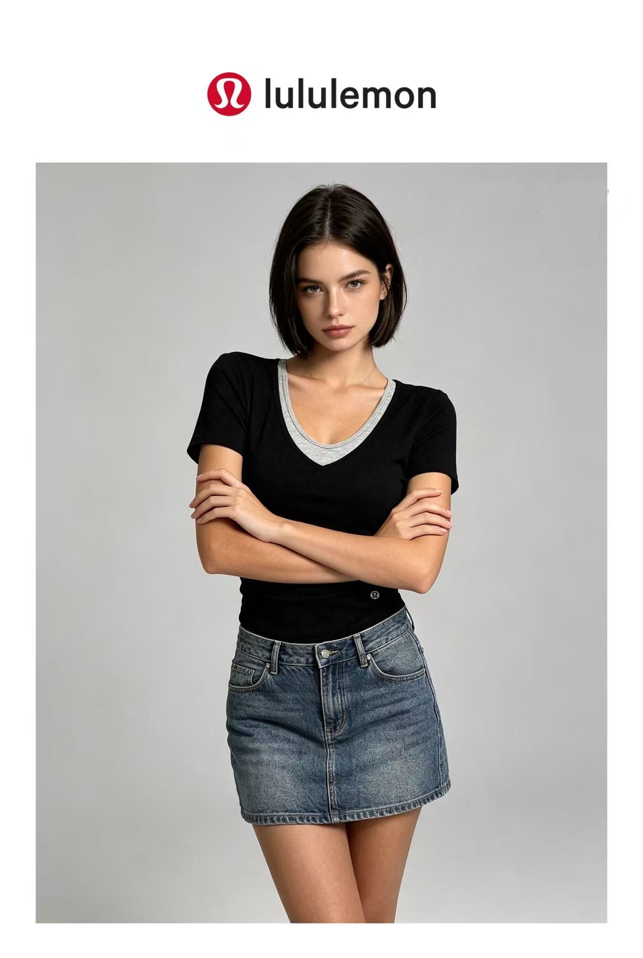 2-pack 2026New V-Neck Faux Two-Piece Waist-Cinching No-Bra Short Sleeve Top