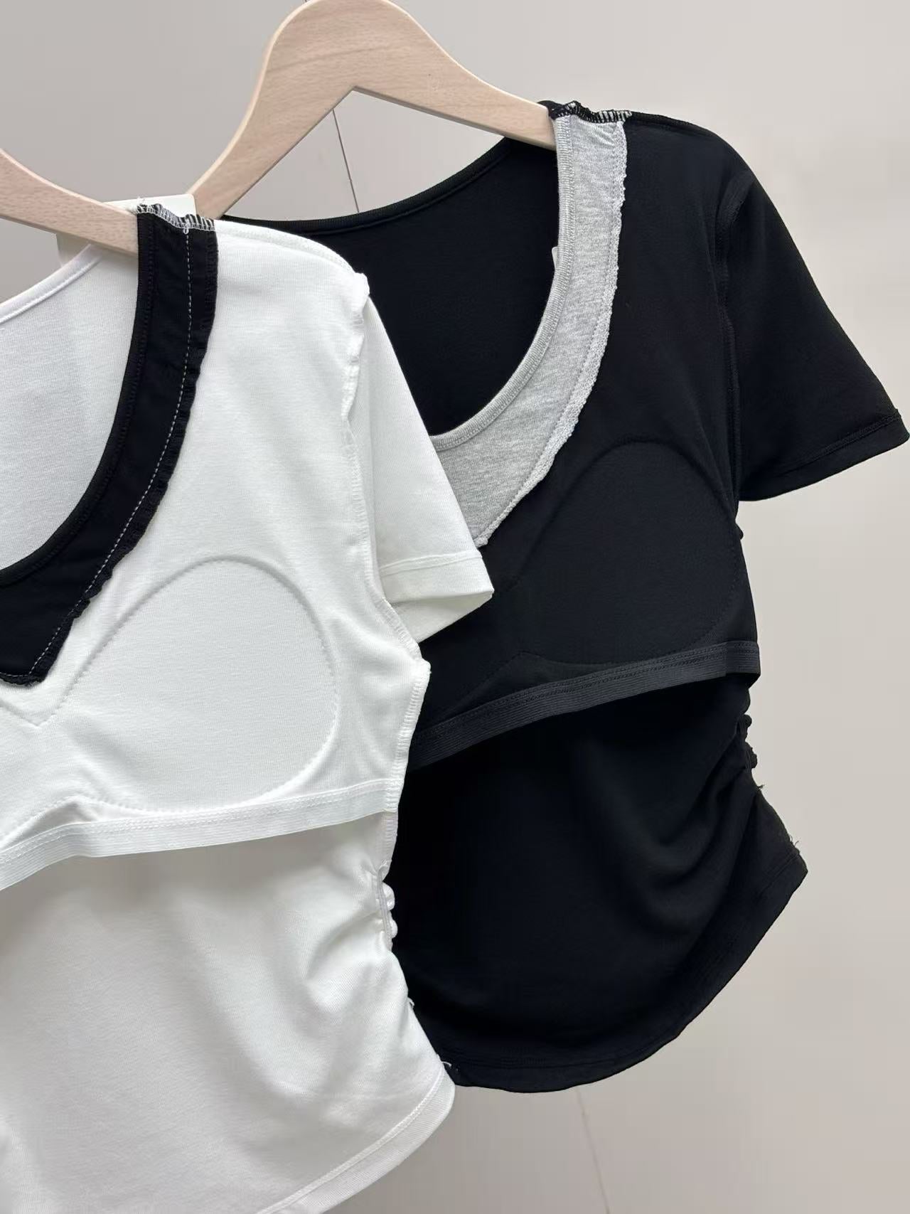 2-pack 2026New V-Neck Faux Two-Piece Waist-Cinching No-Bra Short Sleeve Top