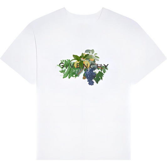 New Relaxed Loose-Fit Straight Crew Neck T Shirt with Plant and Fruit Print
